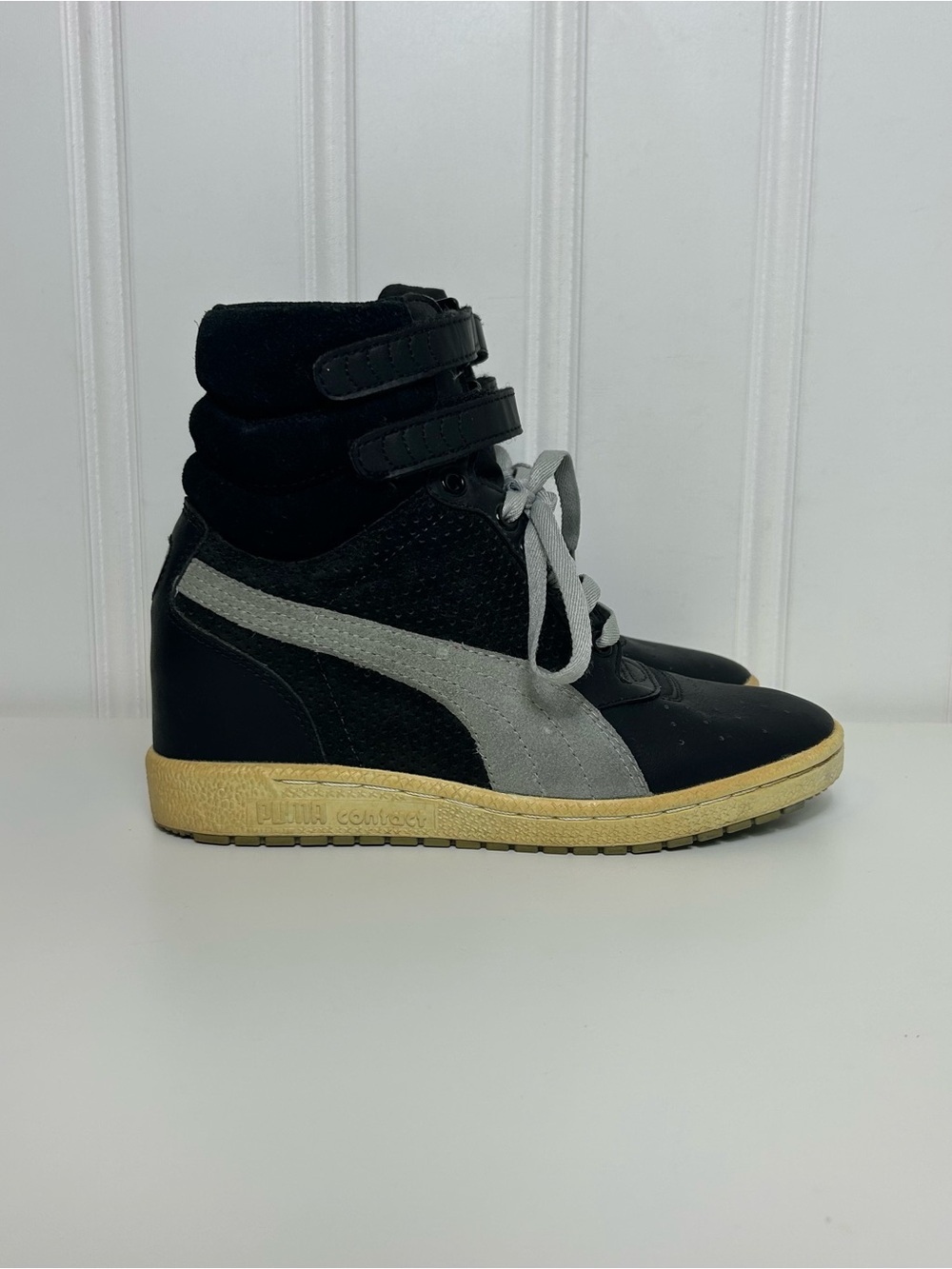 Puma high black grey suede hidden wedge platform women 7 yellowing sole fair con
